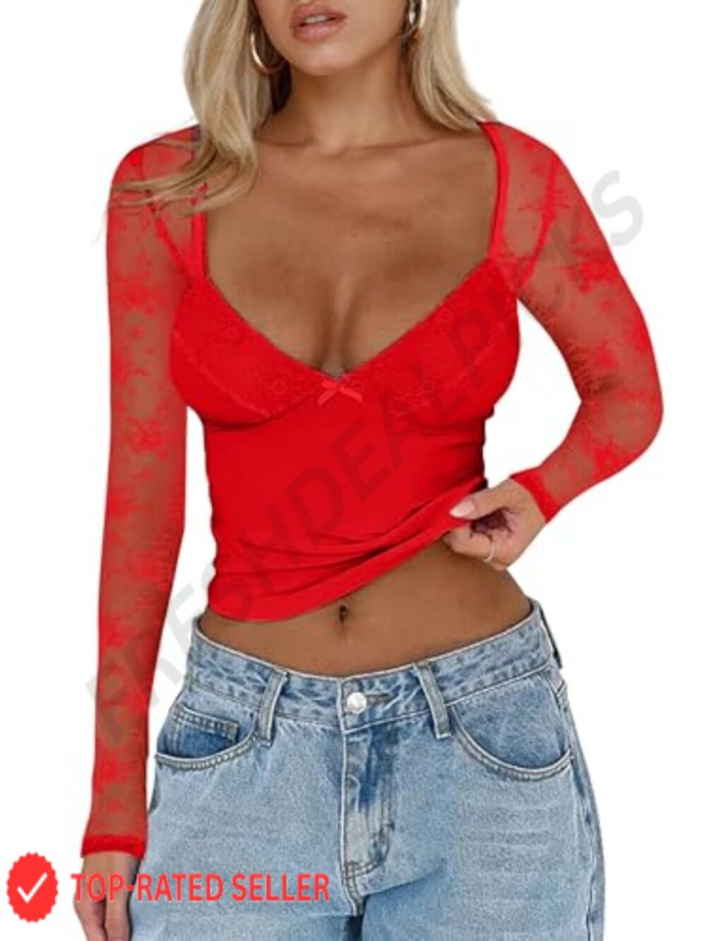 Lace Long Sleeve V Neck Crop Top Bodycon Going Out Shirt